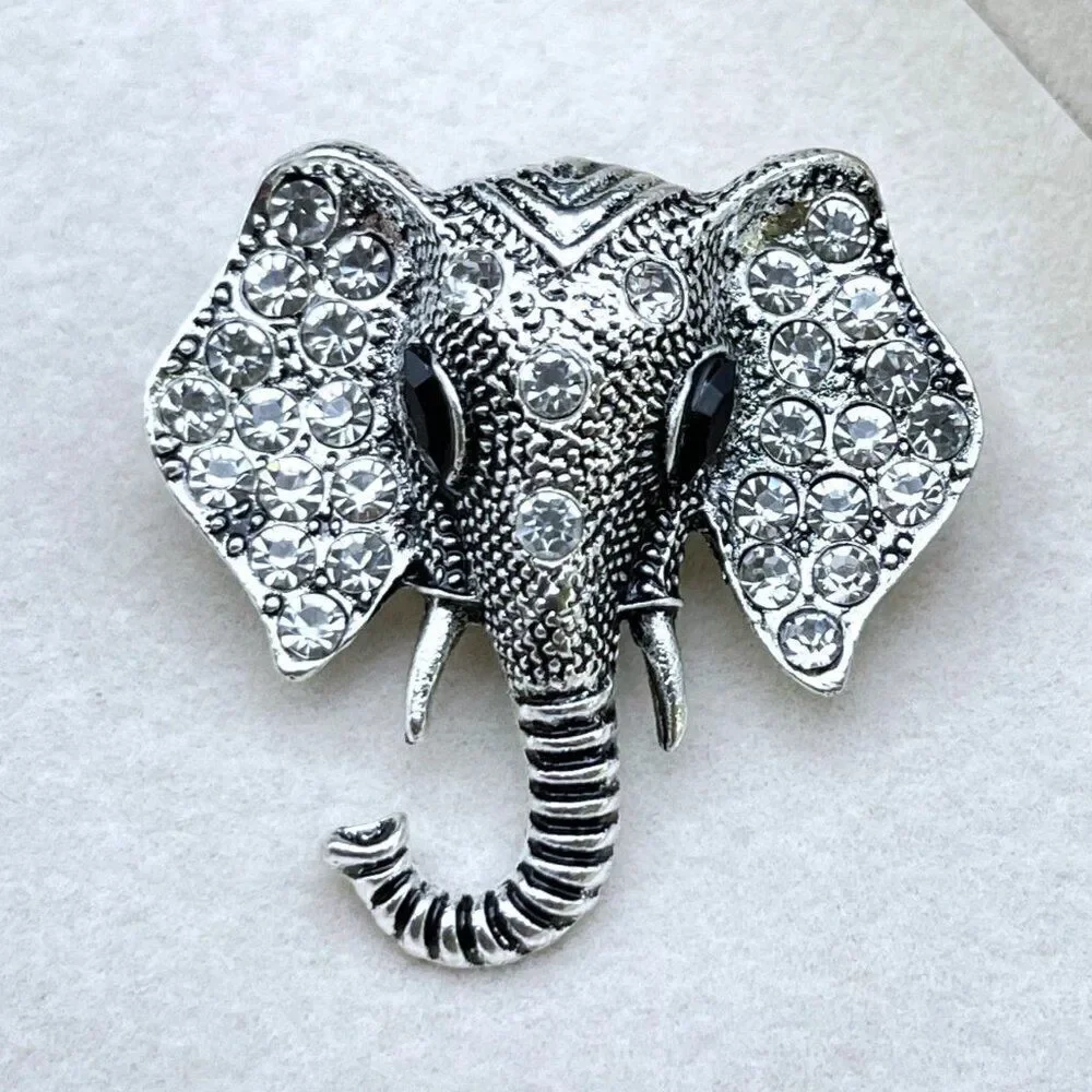 Silver with White Diamond and Black Onyx Crystal Elephant Pin Back Brooch